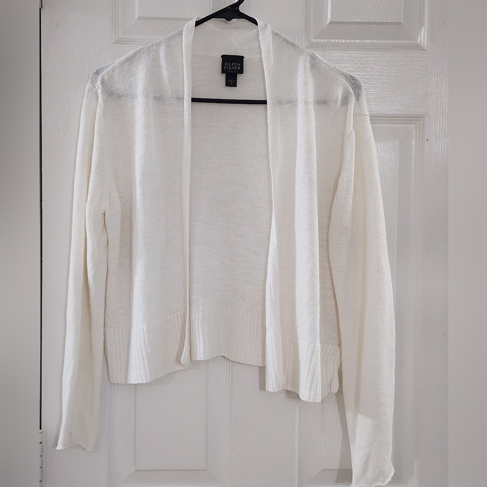 Eileen Fisher Petite 100% Linen Open Front Cardigan White Petit Large